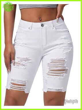 Ripped Bermuda Denim Shorts Stretchy High Waisted Knee Length Jean
